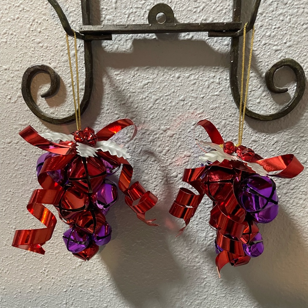 Set Of 2 Christmas Jingle Bells Grape Cluster Ornaments Red & Purple 5.5” long